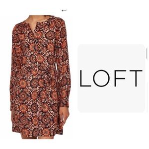 LOFT Navy & Orange Bohemian Long Sleeve Belted Shirtdress Mandala Print
